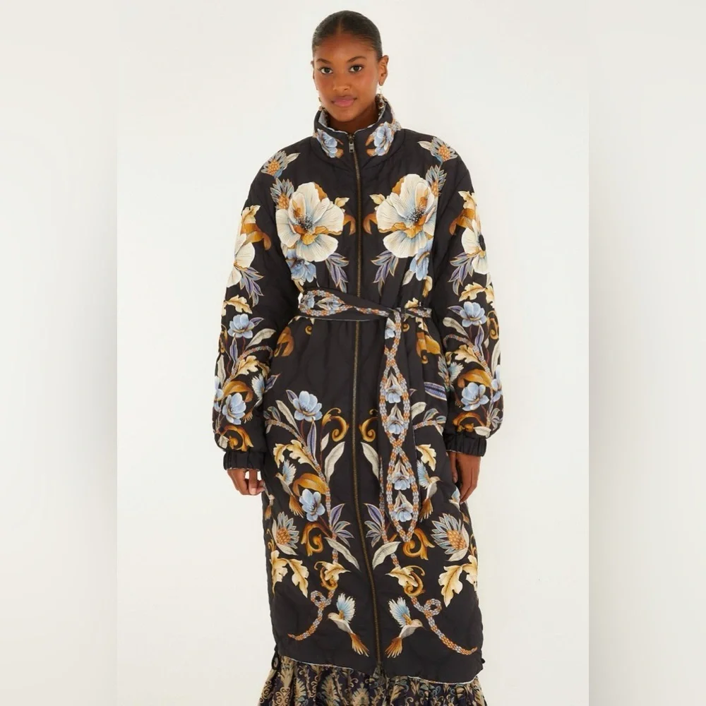 Farm Rio: Black Flowerful Snake Garden Reversible Maxi Puffer Jacket DT - Picture 13 of 14